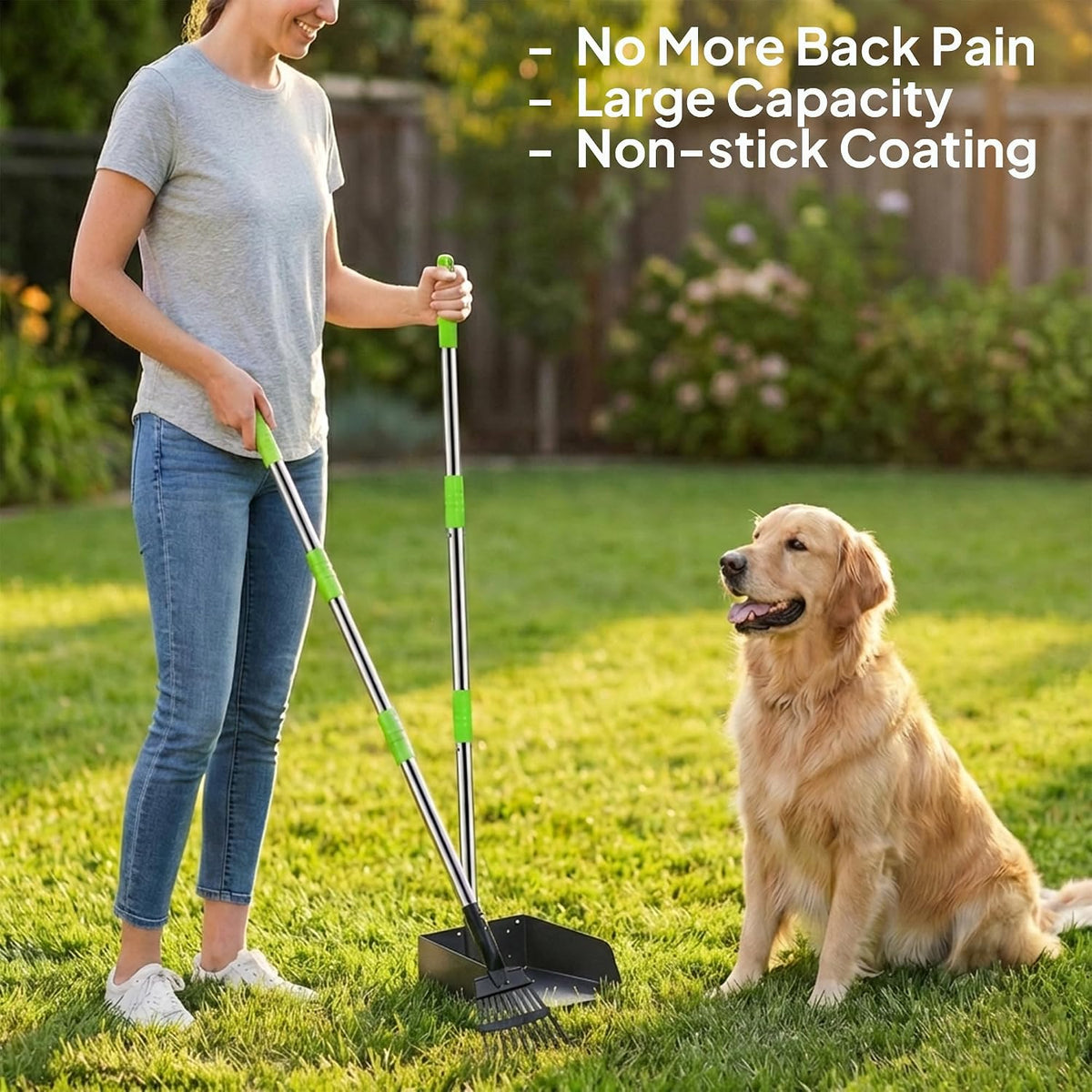 Pooper Scooper for Dogs, Metal Poop Scooper Tray and Rake Set with Adjustable Long Handle, Dog - Silver & Green - image 3