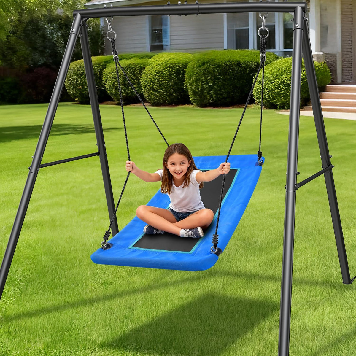 Trekassy 60" Platform Saucer Swing with Stand - Black Frame + Blue Swing / 440LBS & 6FT - image 2