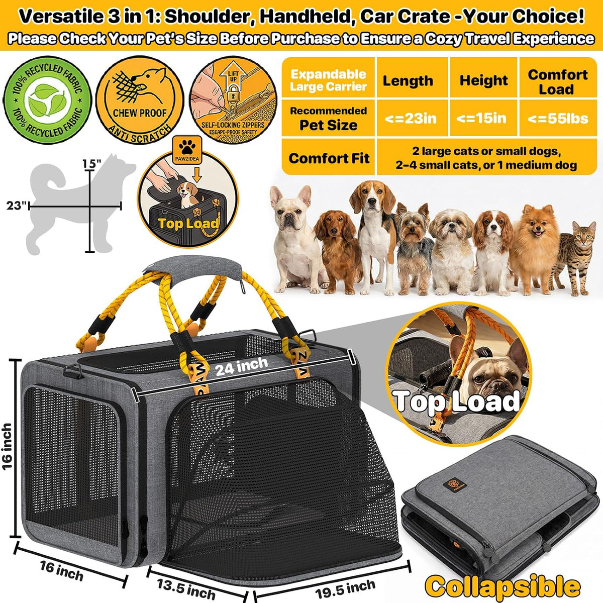 Expandable Pet Carrier for Small Cats & Dogs - 24.0"L x 16.0"W x 16.0"H / Mid-Hemp Gray - image 2