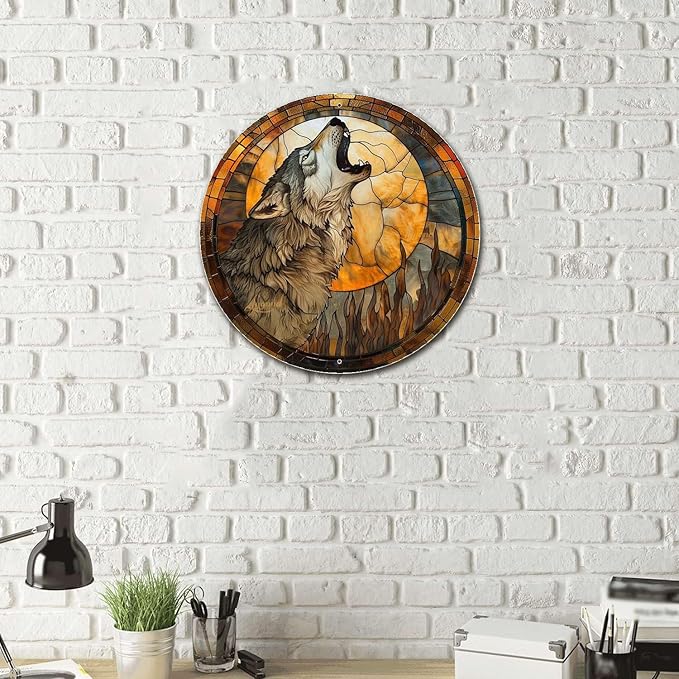 Lygond Metal Tin Sign - Circular Stained Glass Gray Wolf - 1212 Inches