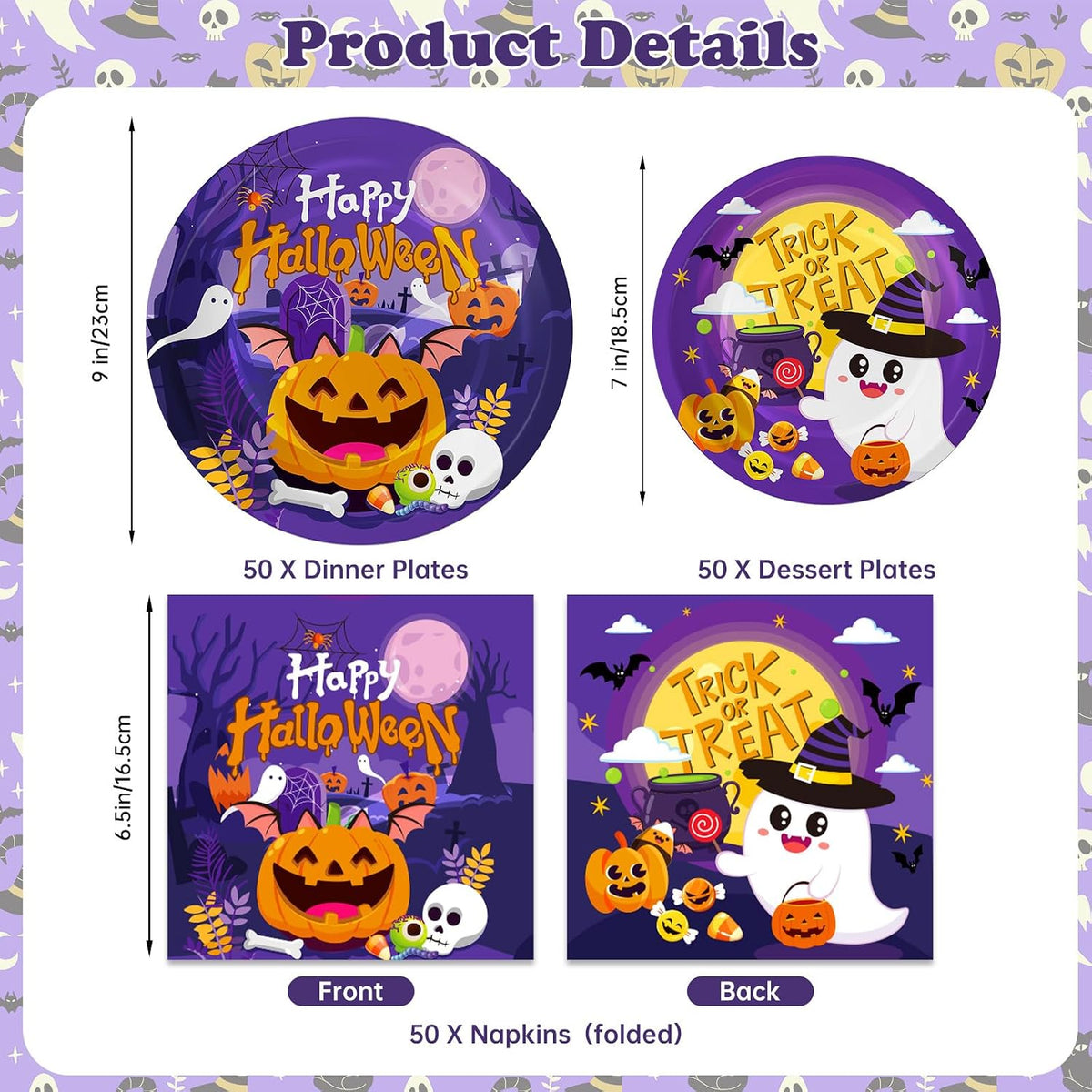 PERFQU 150-piece Halloween plates and napkins set with pumpkin and ghost prints - view 8