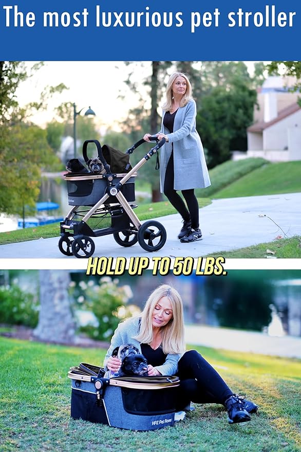 HPZ Pet Rover Prime 3-in-1 Luxury Dog/Cat Stroller (Travel Carrier + Car Seat +Stroller) with Detach Carrier/Pump-Free Rubber Tires/Aluminum Frame/Reversible Handle for Medium & Small Pets (BLACK)