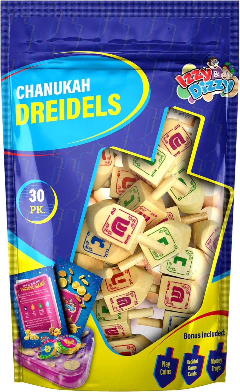 Izzy n Dizzy wooden Hanukkah dreidels 10 pack with coin gelt, gelt trays and instruction cards - view 14