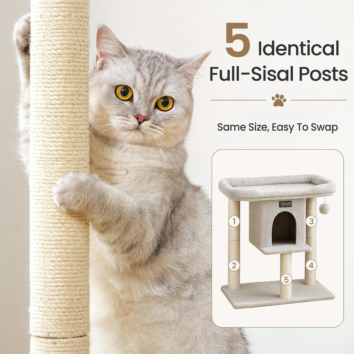 Cat Tree Tower Scratching Post for Indoor Large Adult Cats with Perch - Light Grey / 28 Inches - image 3