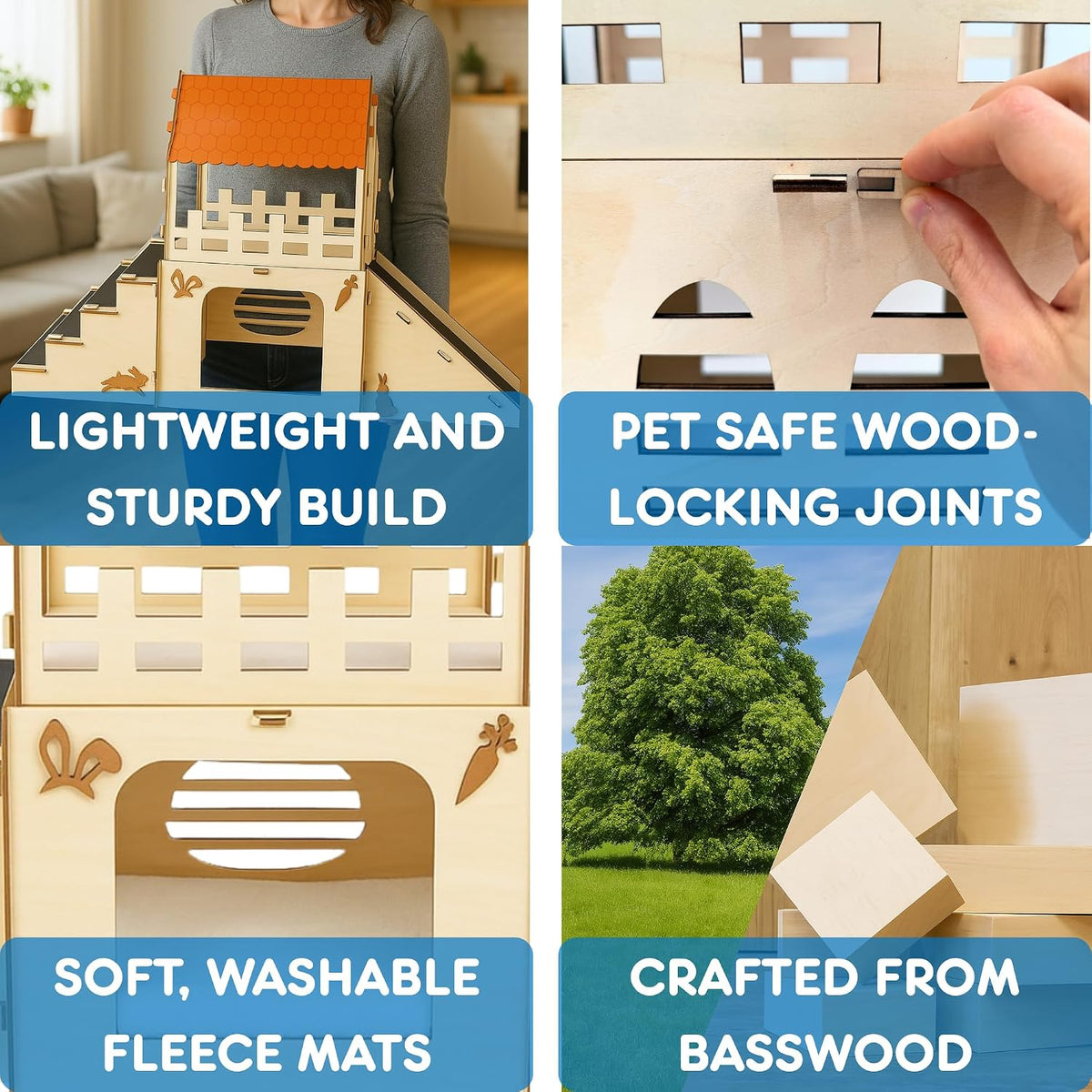 Extra Large Bunny Hideout, Wooden Rabbit Castle with Fleece Mats – Essentials for Small Pets - Pet Safe Wood Joints - image 3