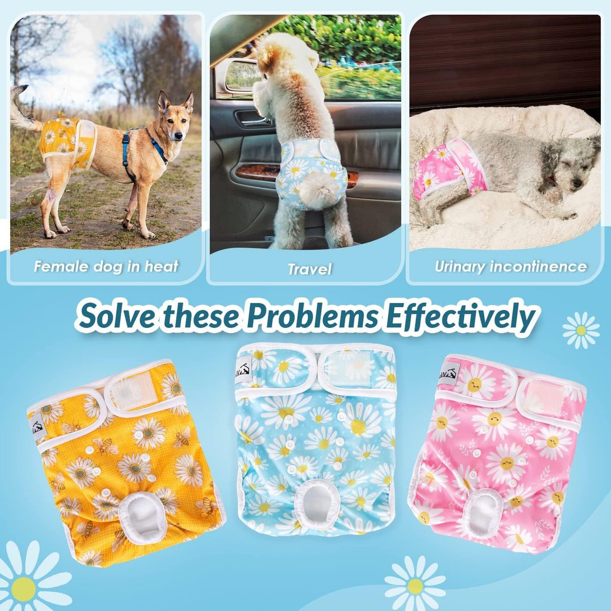 SlowTon Reusable Dog Diapers Female, Washable Doggy Diapers - Large（19''-26''Waist) / A.Daisy - image 4