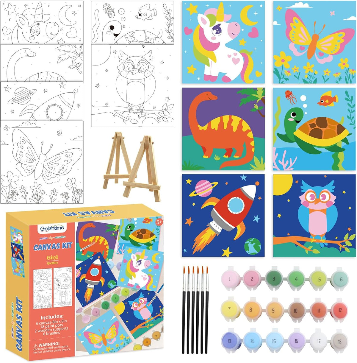 goldentime Kids Paint by Number Kits Including 6 Pre-Drawn Canvas - unicorn