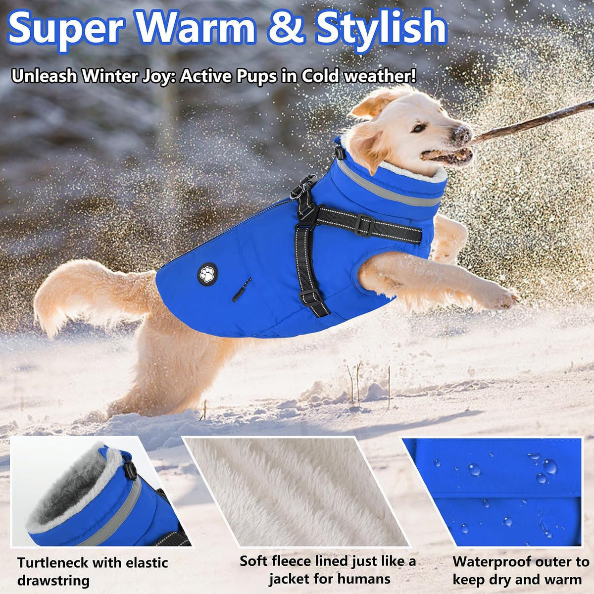 Dogcheer Dog Winter Coat with Harness - Blue / X-Large(Chest:30.3", Back:20" Neck:20.4") - image 3