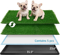 Dog Grass Pad with Tray,35.5” x 23.6” Indoor Dog Potty System 2 Pics Replacement Artificial Grass Mats-5 Pics Disposable Puppy Pads,for Puppy Training Apartment,Balcony and Apartment Use