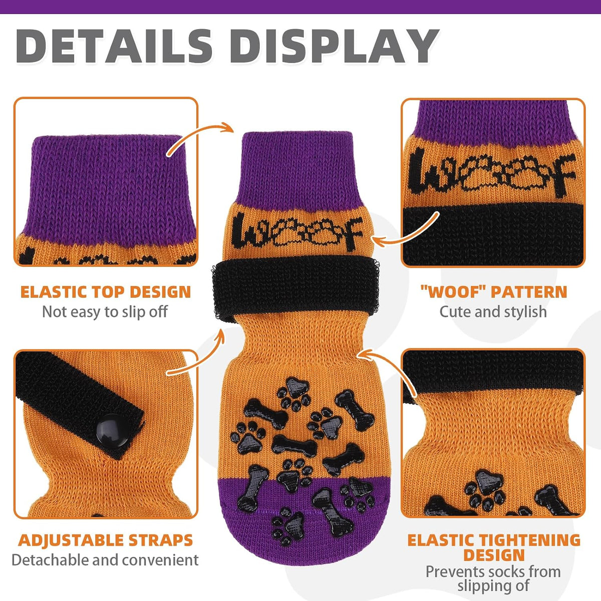 Dog Socks Shoes for Hot Pavement to Prevent Licking Paws - Orange&purple With Woof / X-Large (4 Pack) - image 2
