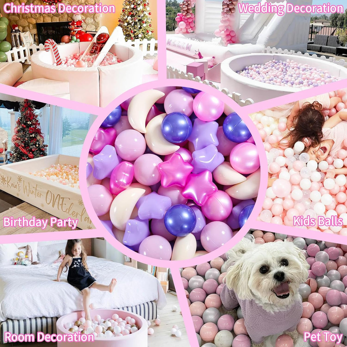 GOGOSO Ball Pit Balls Stars Moon Shapes Plastic Pitballs for Child - 100 balls / Pink Purple - image 3