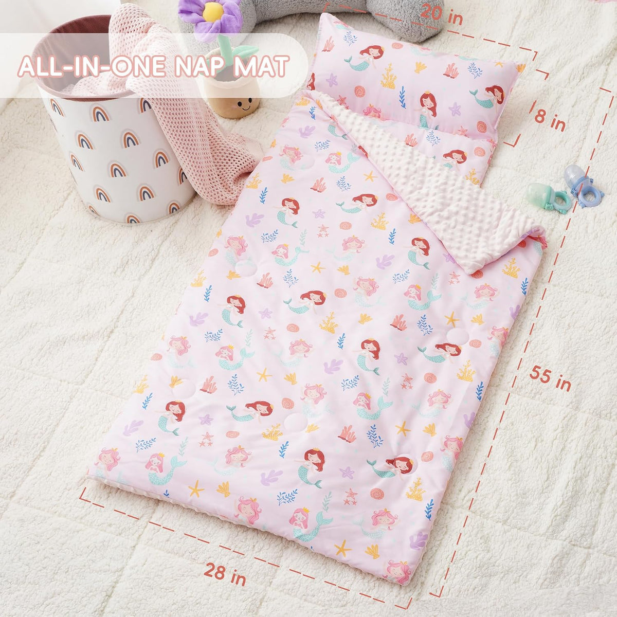 Bunnikins & Clover Toddler Nap Mat with Removable Pillow - Pink Mermaid - image 3