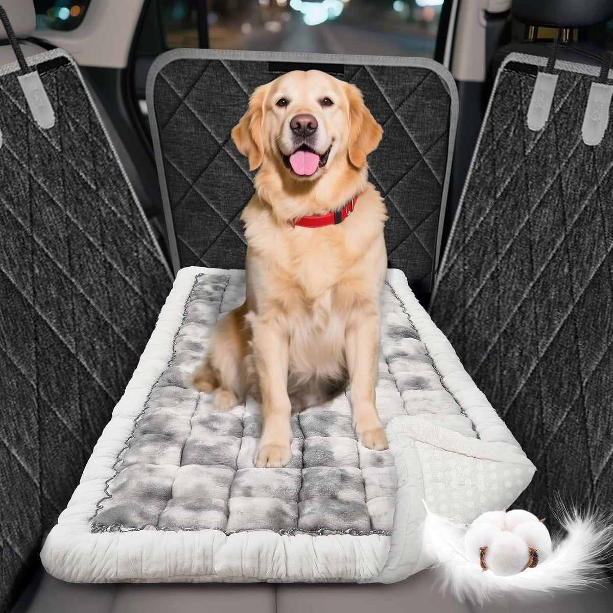Thickened Dog Bed for Car Back Seat, Upgraded Bottom Non-Slip - Grey-white