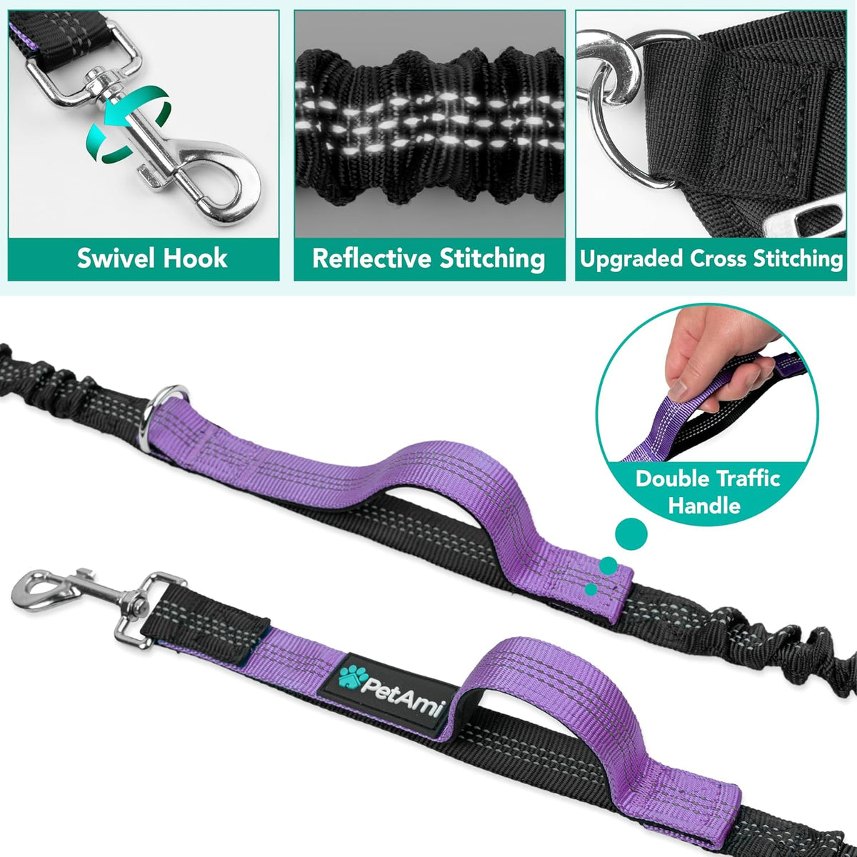 PetAmi Premium Hands Free Dog Leash for 2 Dogs - Purple / 2 Leashes - image 4