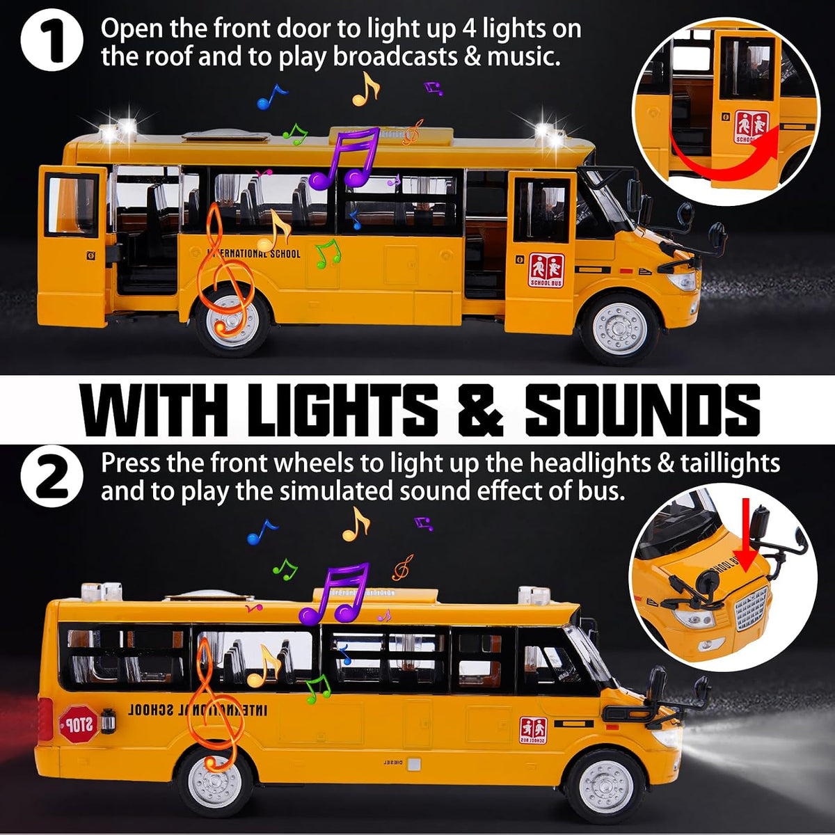 Crelloci School Bus Toy, Die Cast Model Car with Flashing Lights & Sounds, Friction Powered, Back - image 4