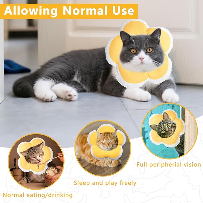 Cat Cone Collar Soft, Waterproof Cats Cones to Stop Licking After Surgery, Adjustable Soft Elizabeth Cats Collars for Wound Healing, Flower Shape Cat Recovery Collar (Yellow, X-Small)