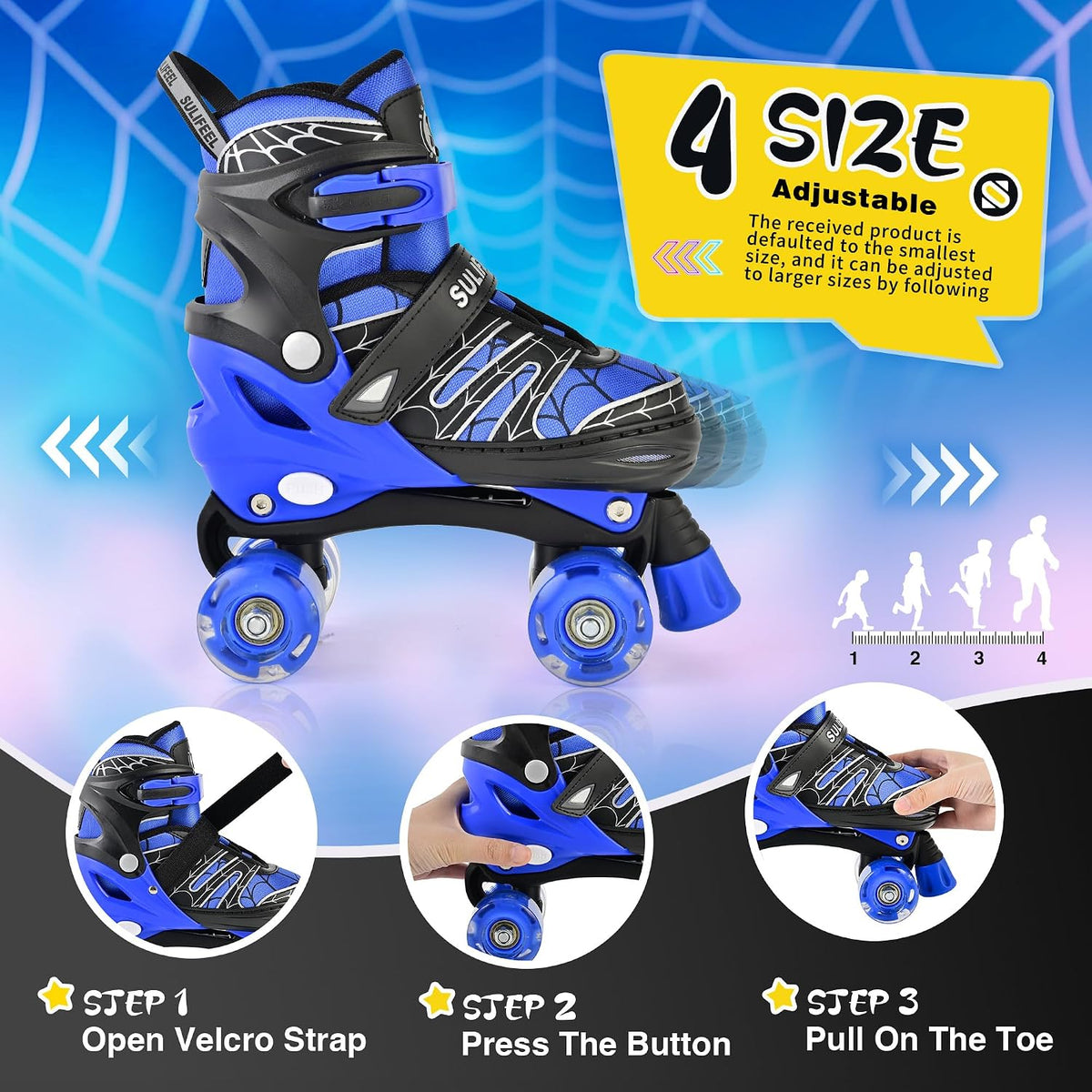 SULIFEEL Adjustable Kids Roller Skates, Light up Wheels – Fun for Kids & Family - B Spider Blue / Large - Youth - image 2