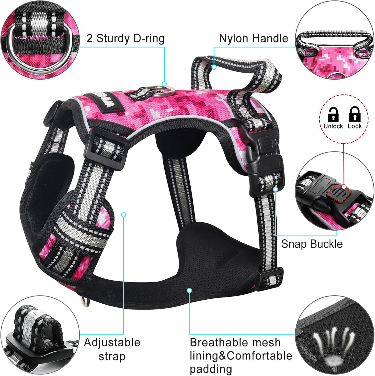 WINSEE Dog/Pet Harnesses No Pull with Dog Collar - Large / Pink Camo - image 4