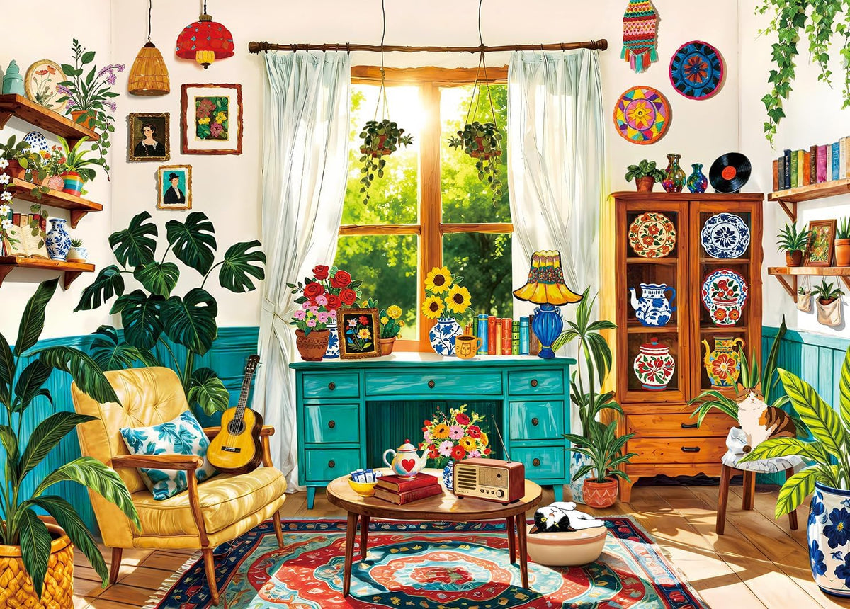 1000 Piece Jigsaw Puzzle, French Riviera Flower Market - Living Room Scene