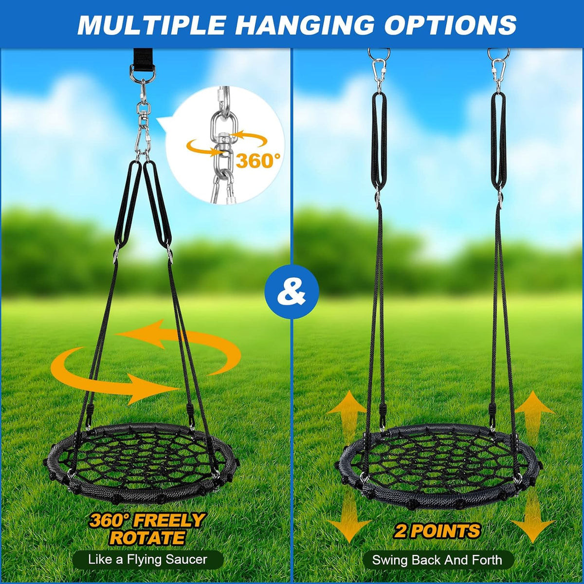 Odoland 43 inch black spider web tree swing with padded steel frame and adjustable ropes - view 5