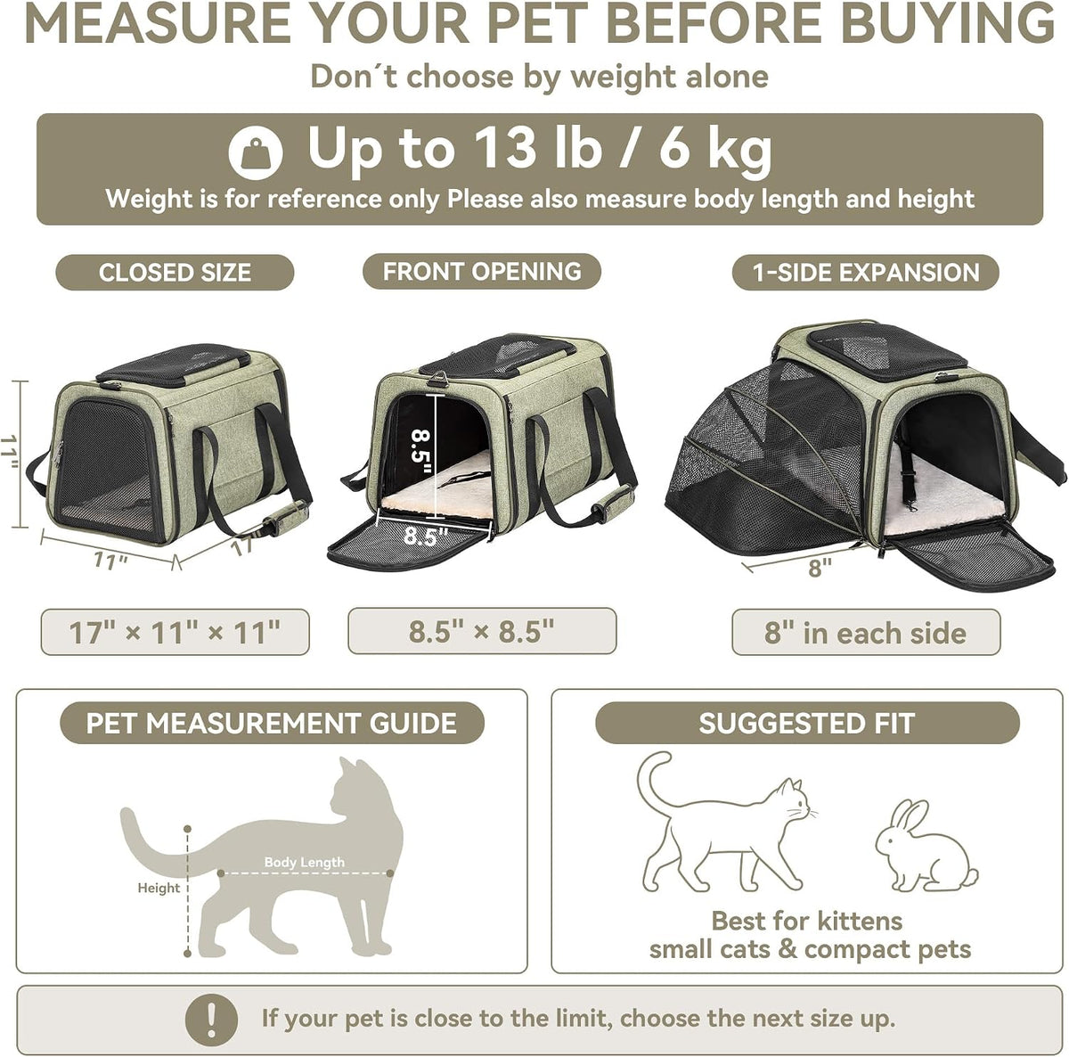 Petsfit Medium Expandable Cat Carrier for Air Travel - 17.0"L x 11.0"W x 11.0"H / Green - image 2