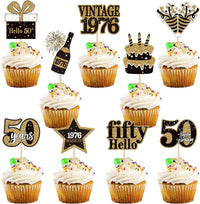 36PCS Happy 80th Birthday Cupcake Toppers Double Sided Black Gold - Vintage / 50th