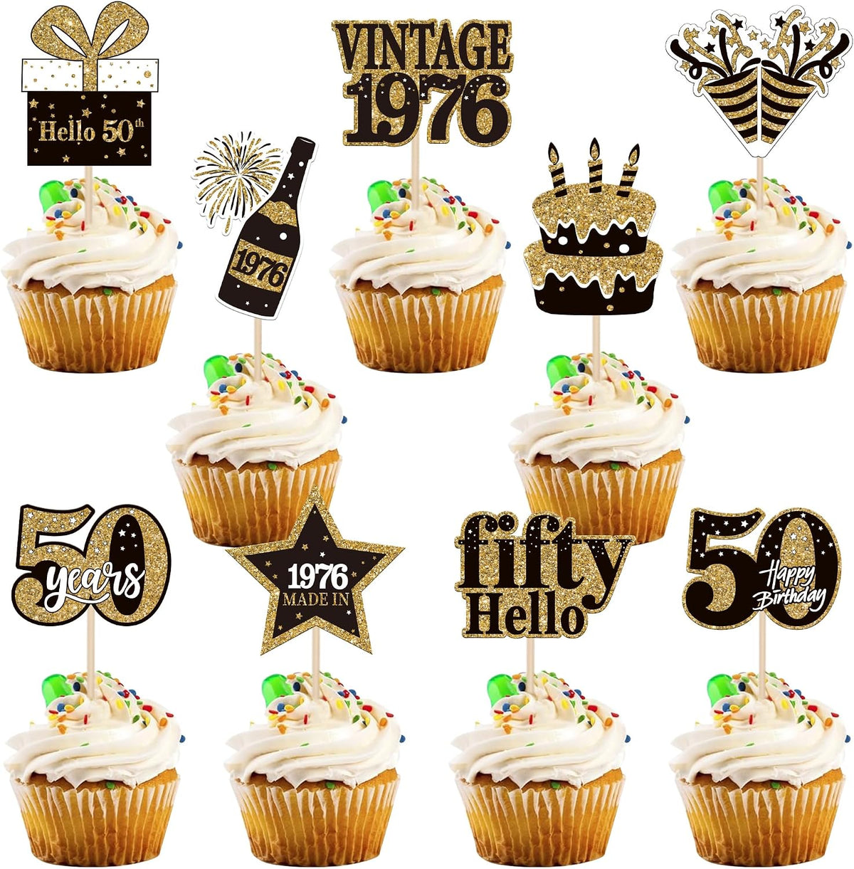 36PCS Happy 80th Birthday Cupcake Toppers Double Sided Black Gold - Vintage / 50th