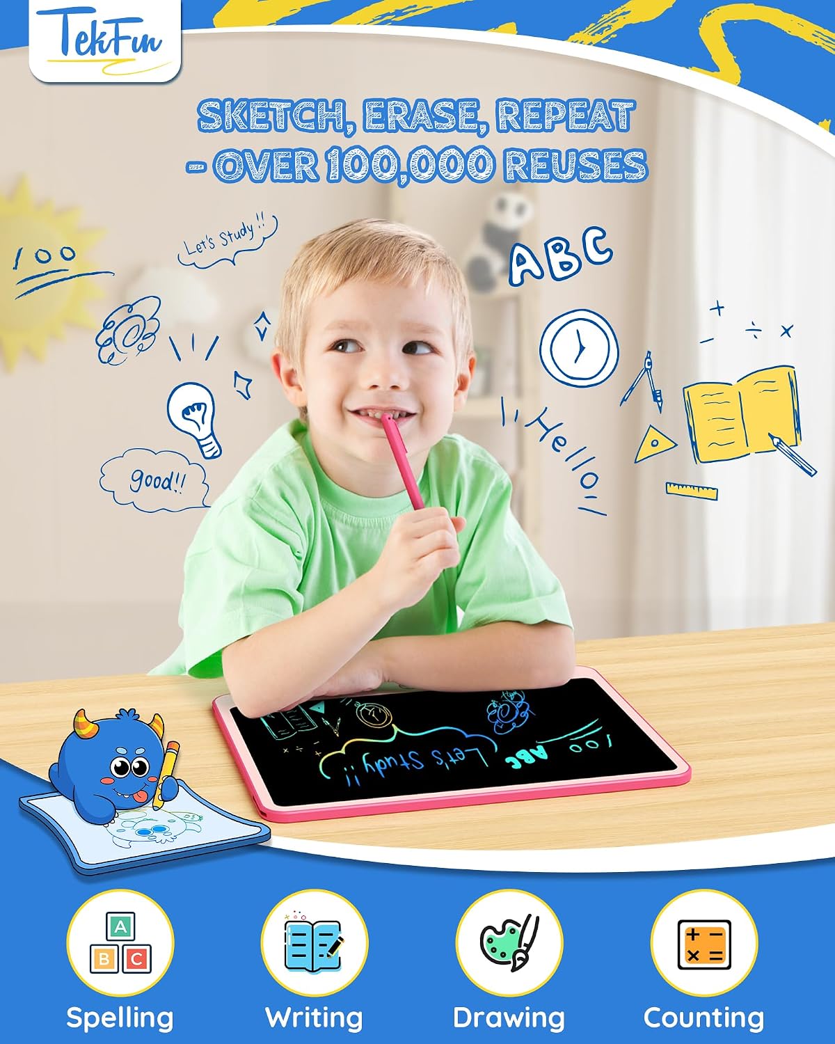 TEKFUN 3 Pack LCD Writing Tablet for Kids, Educational Kids - Pink / 9"W x 10.6"H / 1 - image 2