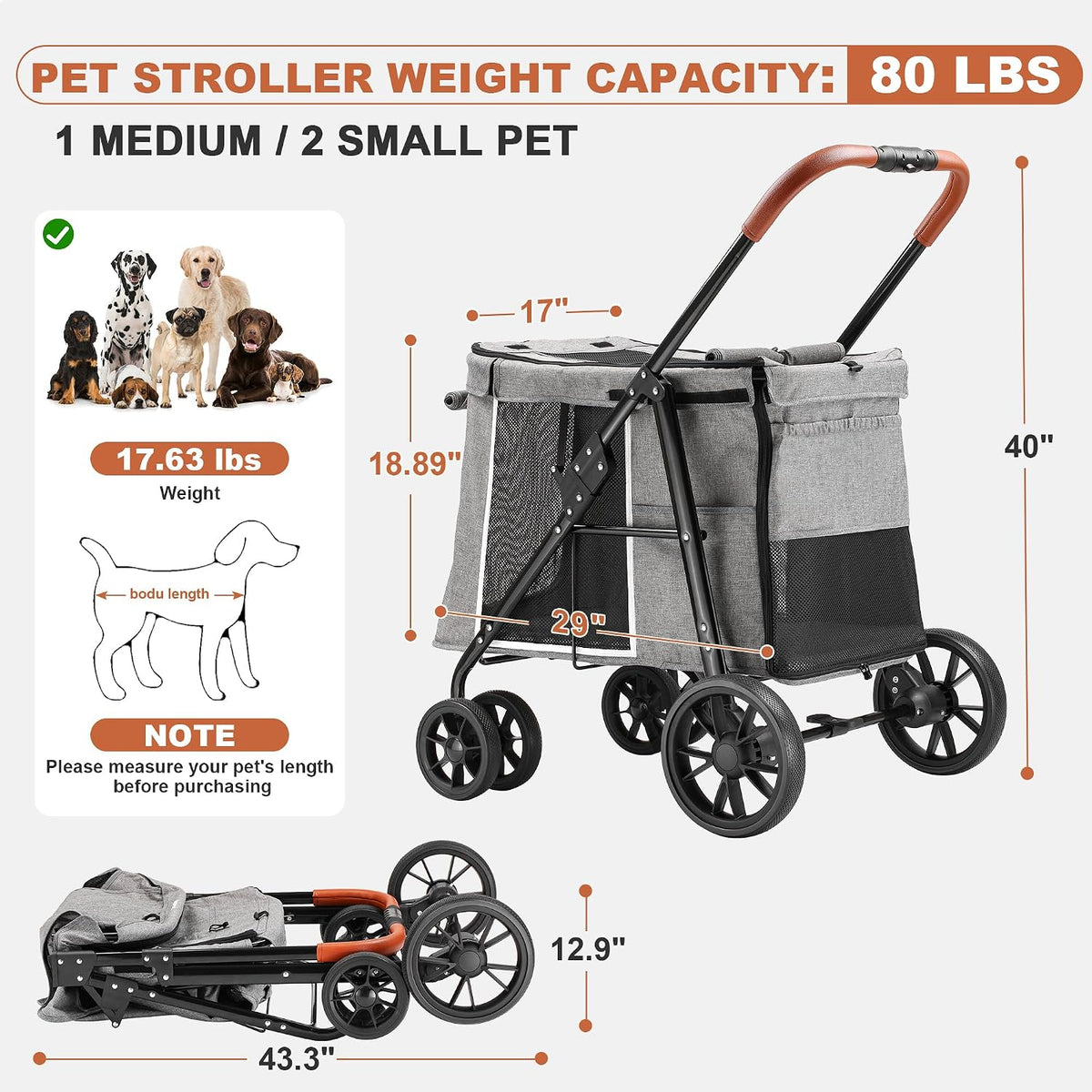 Medium Dog Stroller, Dual Entry One-Touch Folding - Grey - image 2