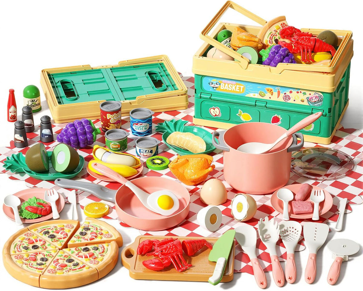 130Pcs Kitchen Playset, Toddler Pretend Cooking Play Pots, Pans - Pink / 80 Pcs