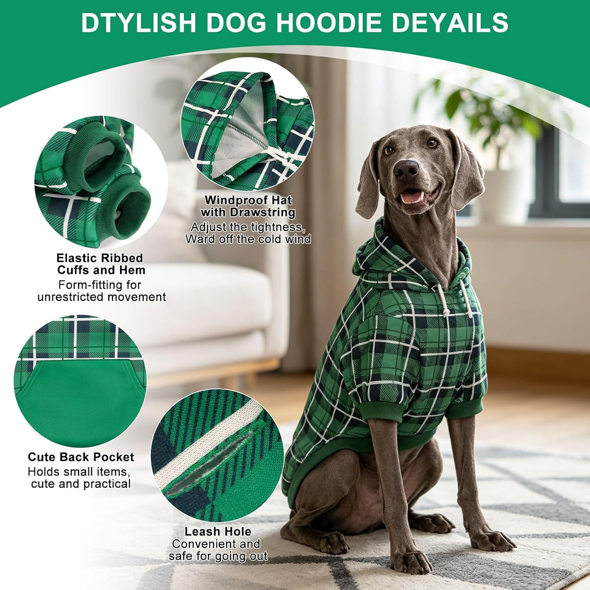 Plaid Dog Hoodie - British Style Warm Dog Sweater Shirt with Leash Hole,Pitbull Clothes - Green / Large - image 2