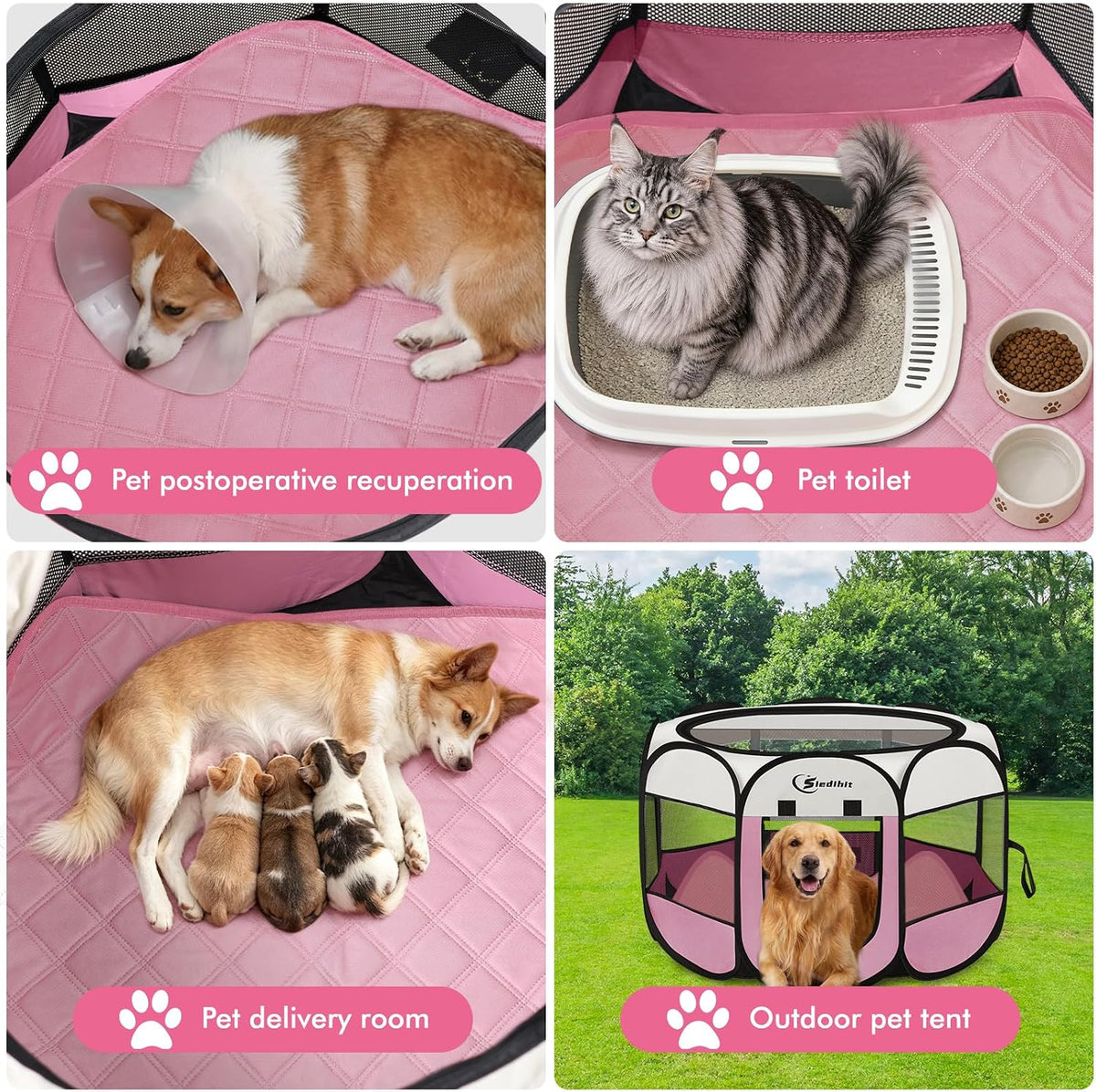 Siedihit Dog Cat Playpen, Puppy Pet Playpen Indoor for Small Dog Crate Tent Cage Outdoor, Portable - Pink with Pad / Large - image 2