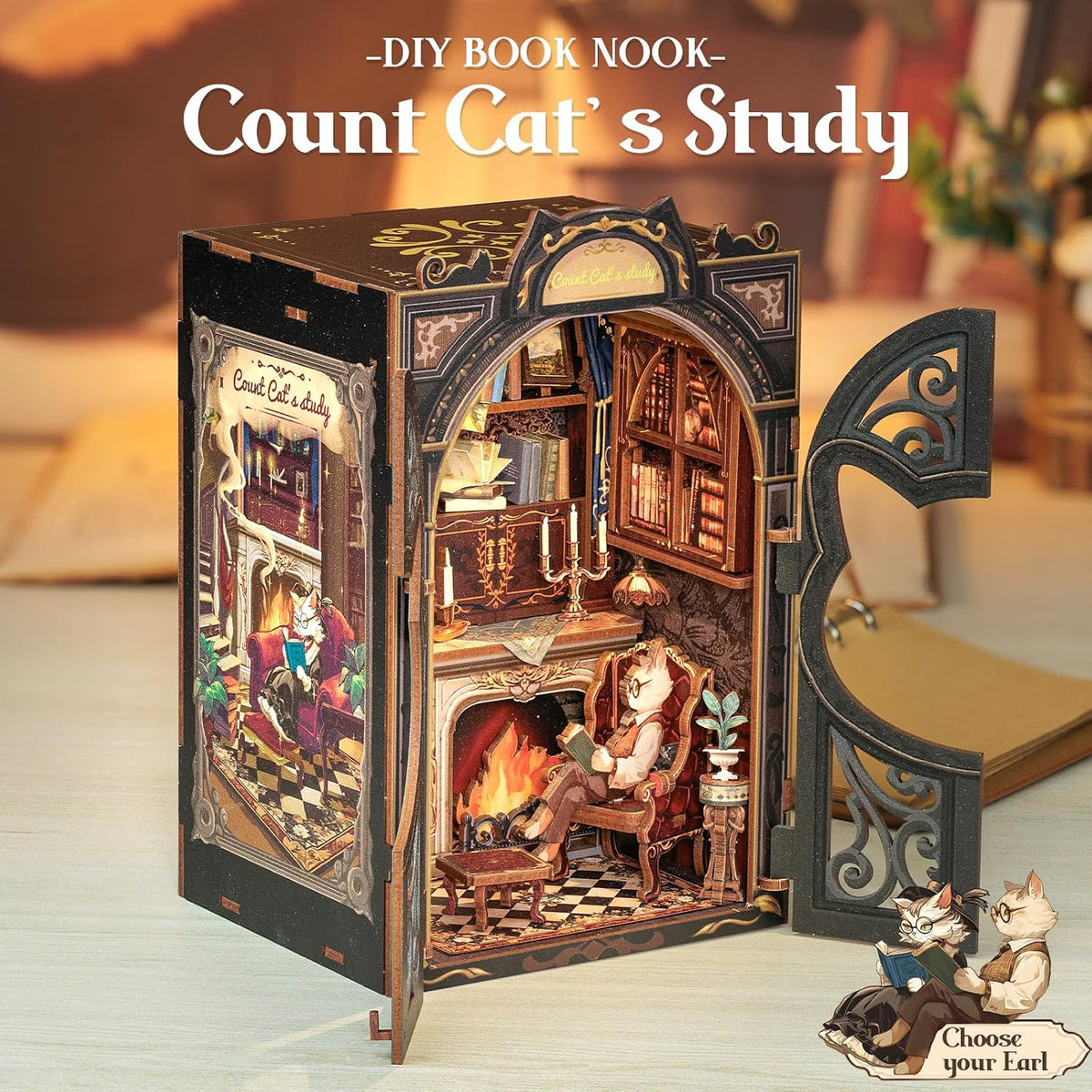 Owl Bookstore Book Nook Kit, 3D Wooden Puzzles with LED - Count Cat's Study - image 2
