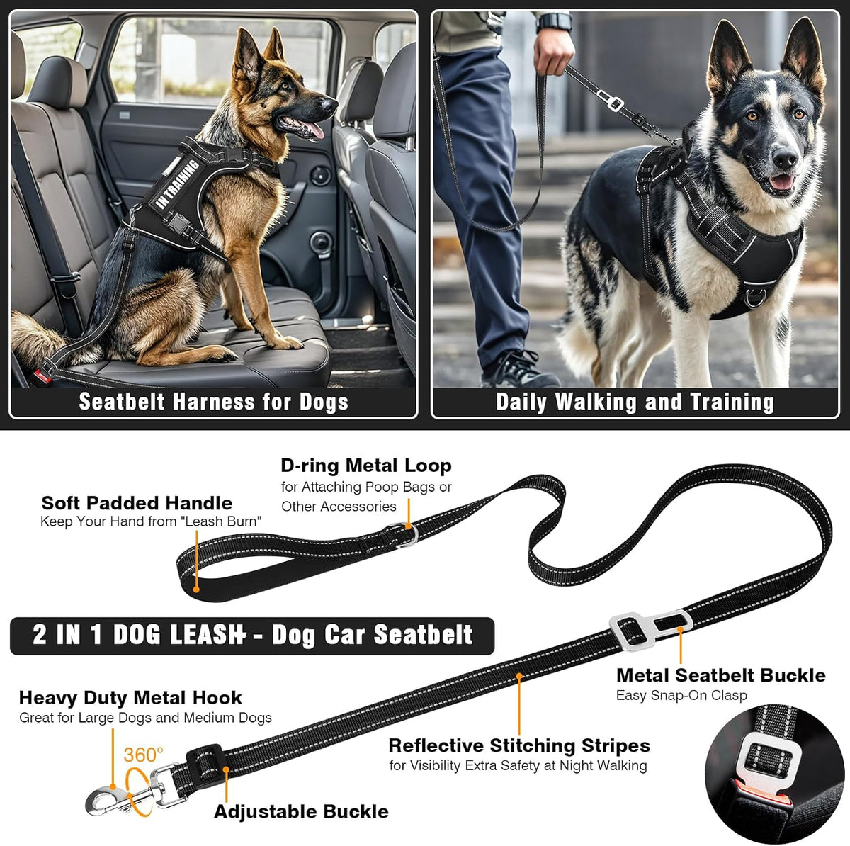 Tactical Dog Harness and Leash Set with 10 Patches for Large Dogs – Essentials for Dogs - Medium / Black - image 4