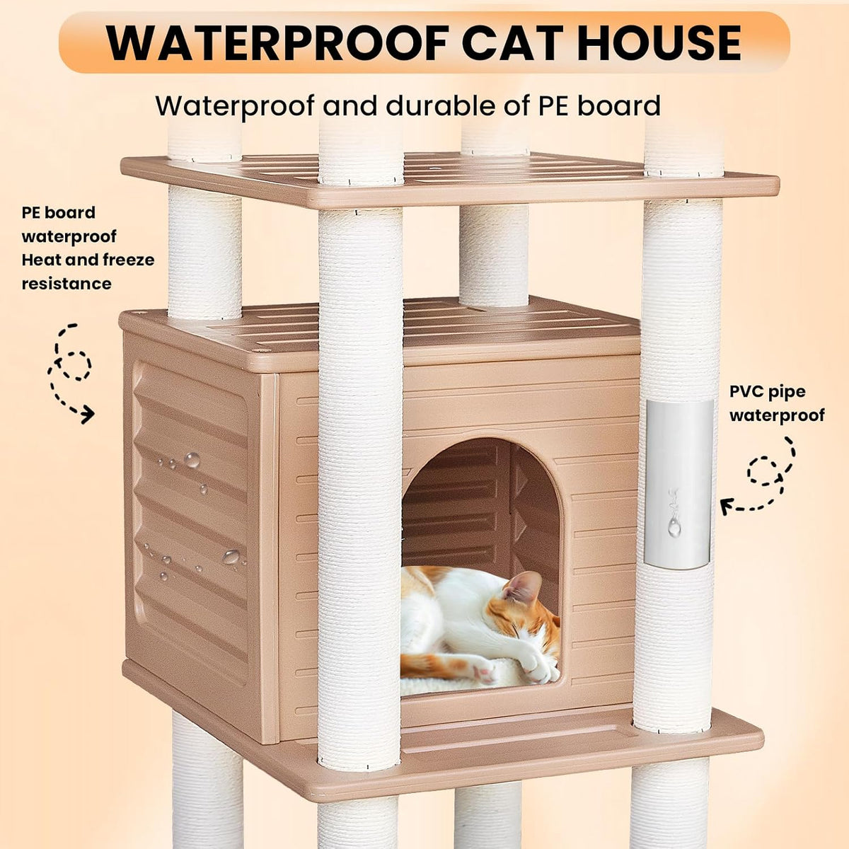 62"Tall Outdoor Cat Tree,Weatherproof Large Cat Condo with Scratching Posts – Essentials for Cats - CTT-10 - image 3