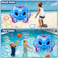 Hymaz inflatable blue octopus pool toy with basketball hoop, balls and ring toss rings - view 6