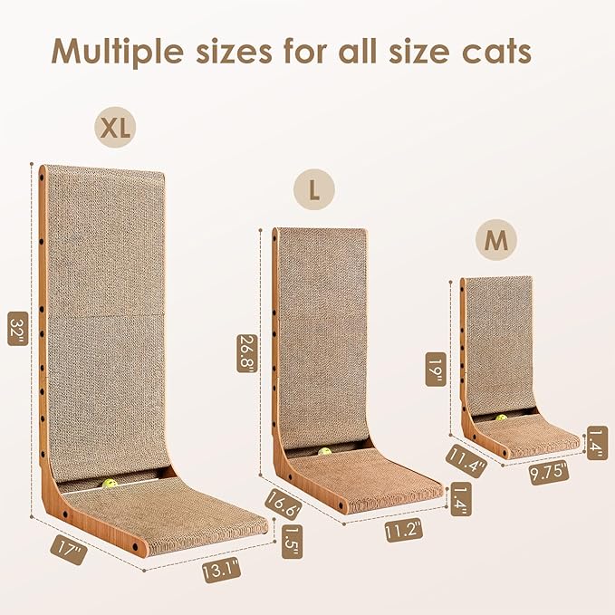EHEYCIGA Cardboard Cat Scratcher for Indoor Cats, 32 Inch L Shaped Vertical Cat Scratching Board with Ball Cat Toy, Extra Large Cat Scratcher Pad, Brown