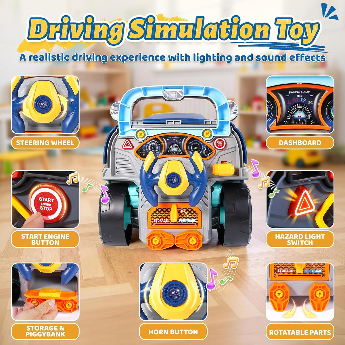 Interactive Truck Engine Toy with Removable Parts, Lights - Blue - image 3