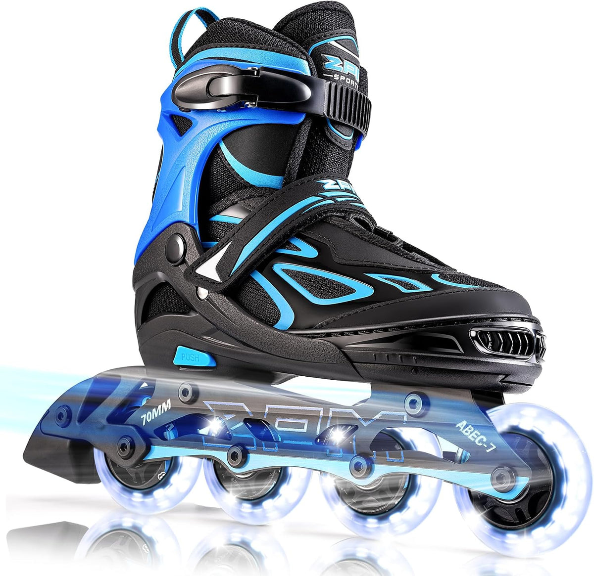 2PM SPORTS Adjustable Inline Skates for Kids, Youth and Adults - Azure & Blue / Large - Youth (4.5-8 US)