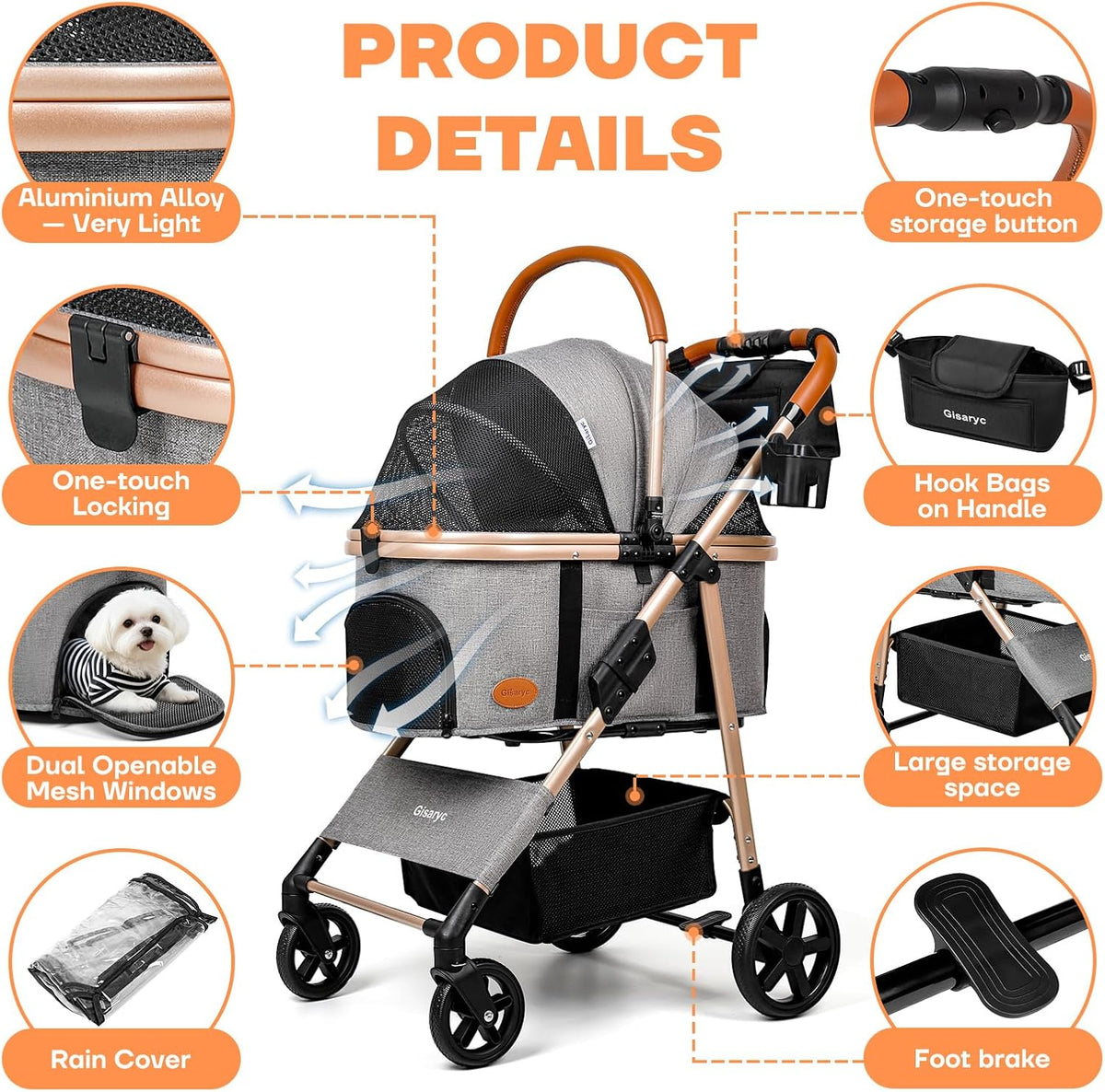 Dog Cat Stroller for Small/Medium Pets - Grey - image 4