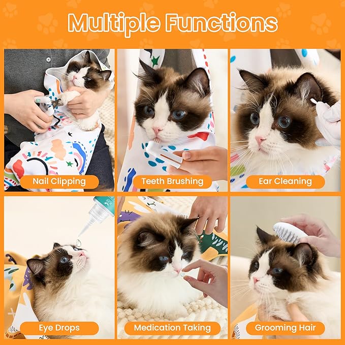 Cat Wrap for Grooming,Cat Wrap for Cutting Nails,Self-Adherent Soft Cat Blanket,Anti-Bite,Anti-Scratch Anti-Escape Multifunctional Cat Grooming Bag(27.6" X27.6",Within 23.57lbs)