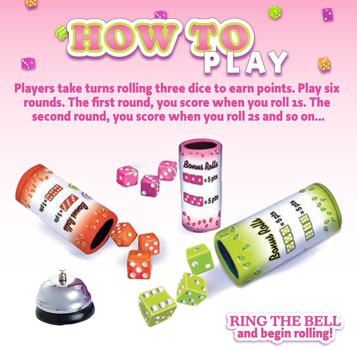 Continuum Games Retro Bunco game kit with colored dice, dice cups, silver bell and score pad - view 3
