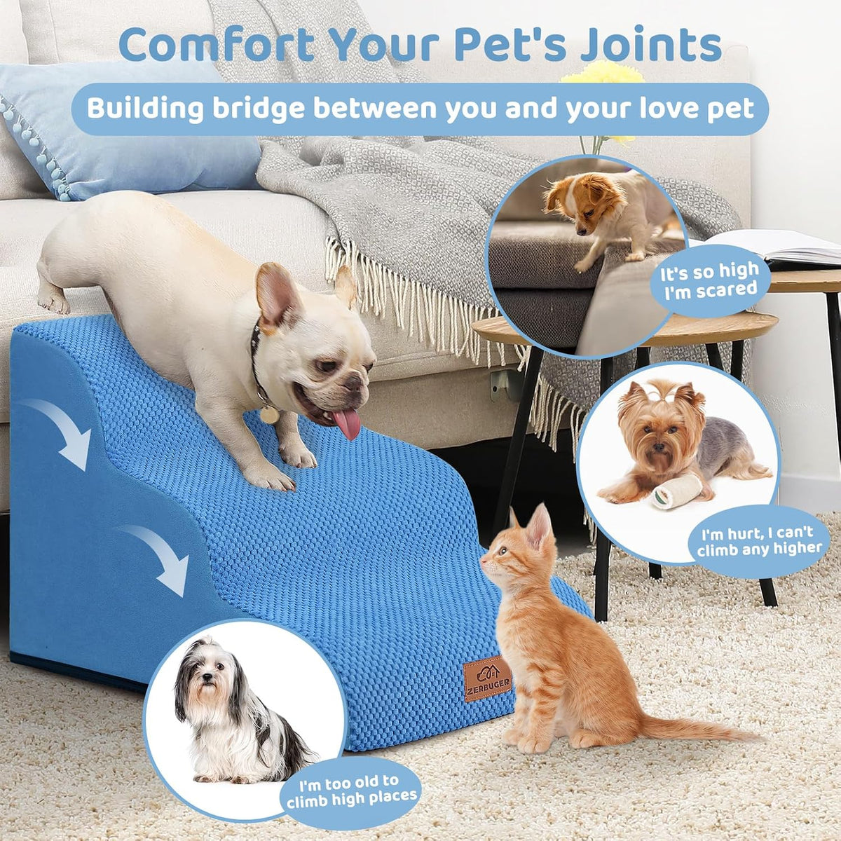 Zerbuger Dog Ramp and Stairs for Bed, Coffee 3 Steps 16" H - Blue / 3 - image 4