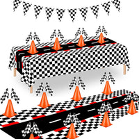 YOELVN race car party cones, six orange 7 inch traffic cones holding checkered flags - view 6