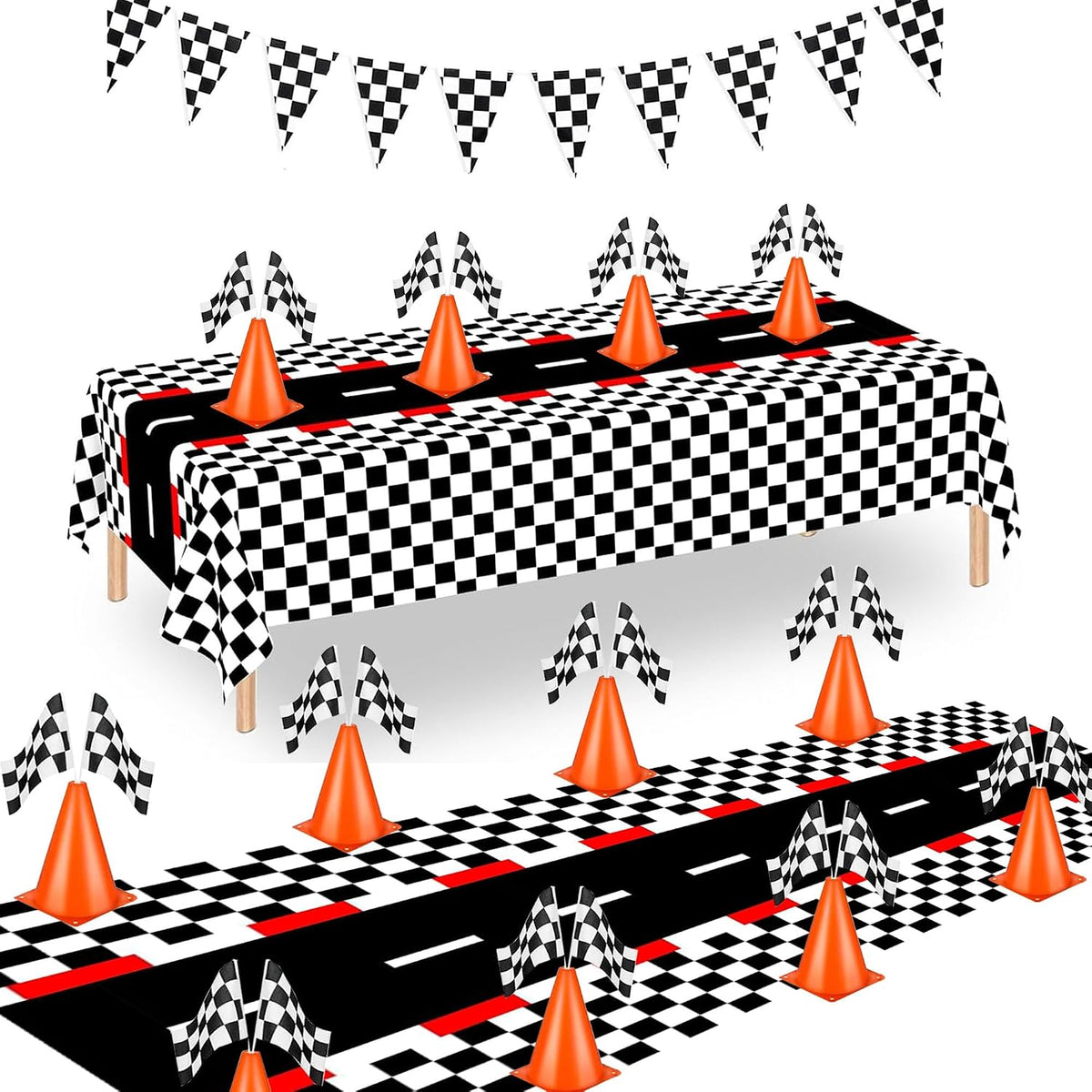 YOELVN race car party cones, six orange 7 inch traffic cones holding checkered flags - view 6