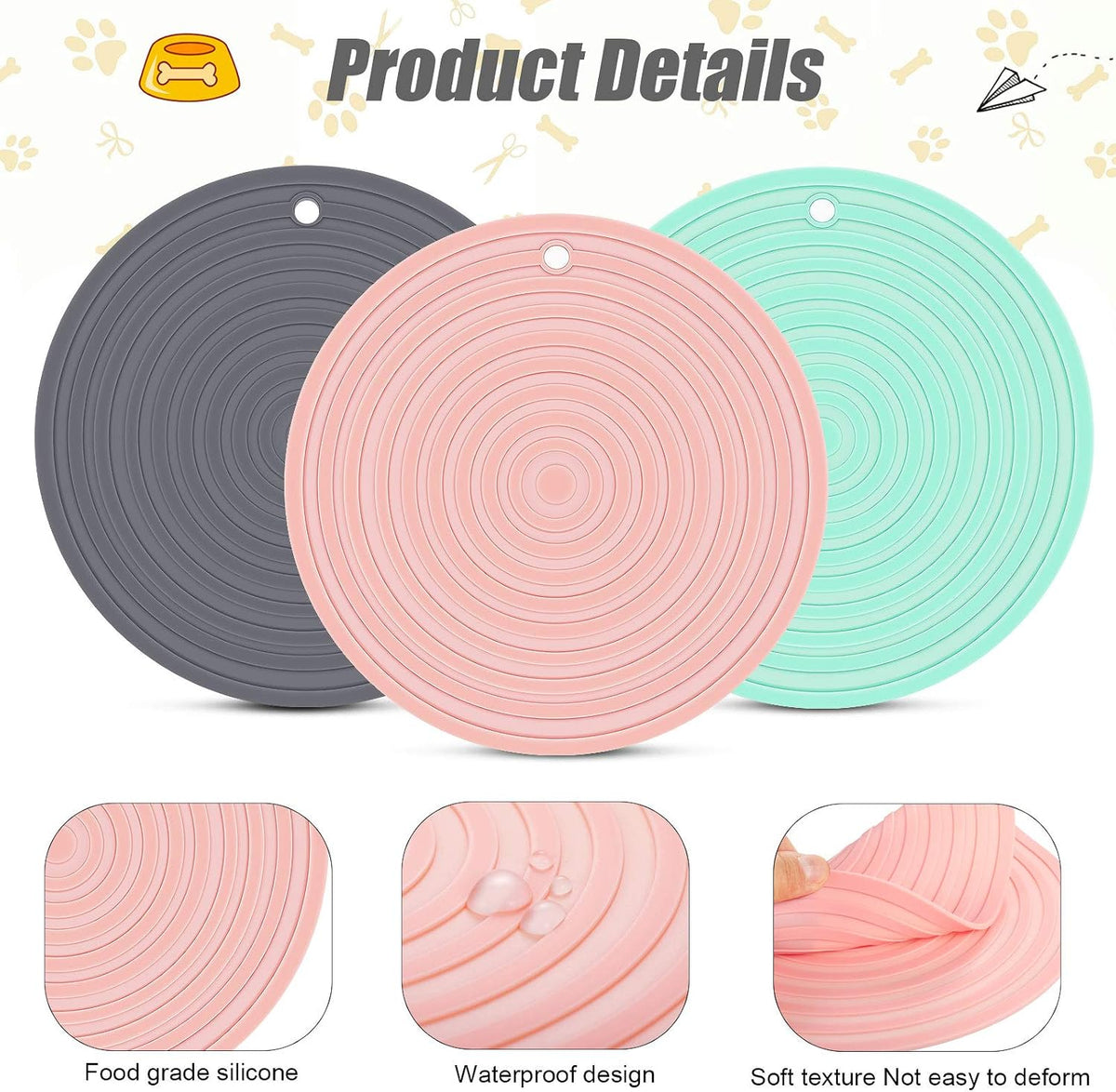 3 Pieces Silicone Pet Food Mat Feeding Mat for Dog and Cat Bowl - Pink, Green, Gray / 9.5 Inch - image 3