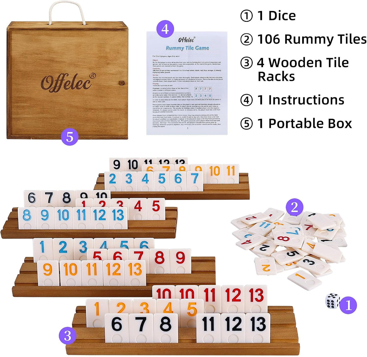 Offelec Double Six Dominoes Set - Rummy Game With Wooden Box - image 2