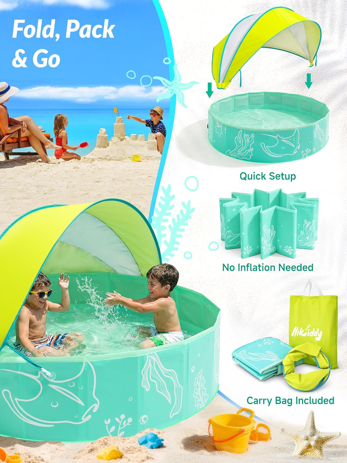 Hikiddy Foldable Kiddie Pool with Canopy: Baby Infant Toddler Kids - Mint-lemon / 47in - image 4