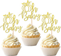 24 PCS Pumpkin Oh Baby Cupcake Toppers Glitter Fall Theme pumpkin - Design 7-gold