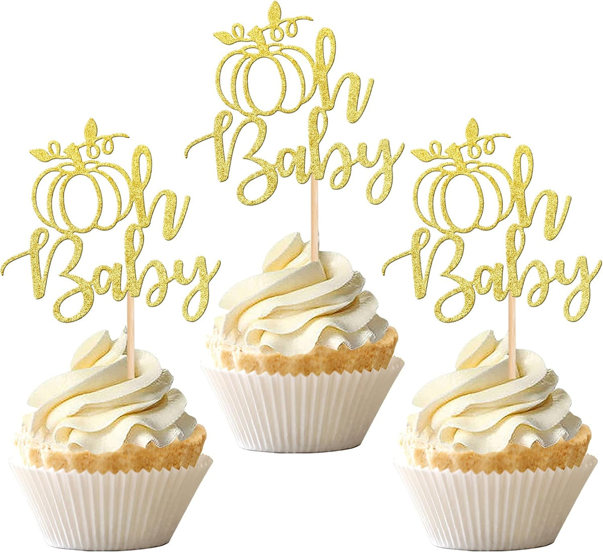 24 PCS Pumpkin Oh Baby Cupcake Toppers Glitter Fall Theme pumpkin - Design 7-gold